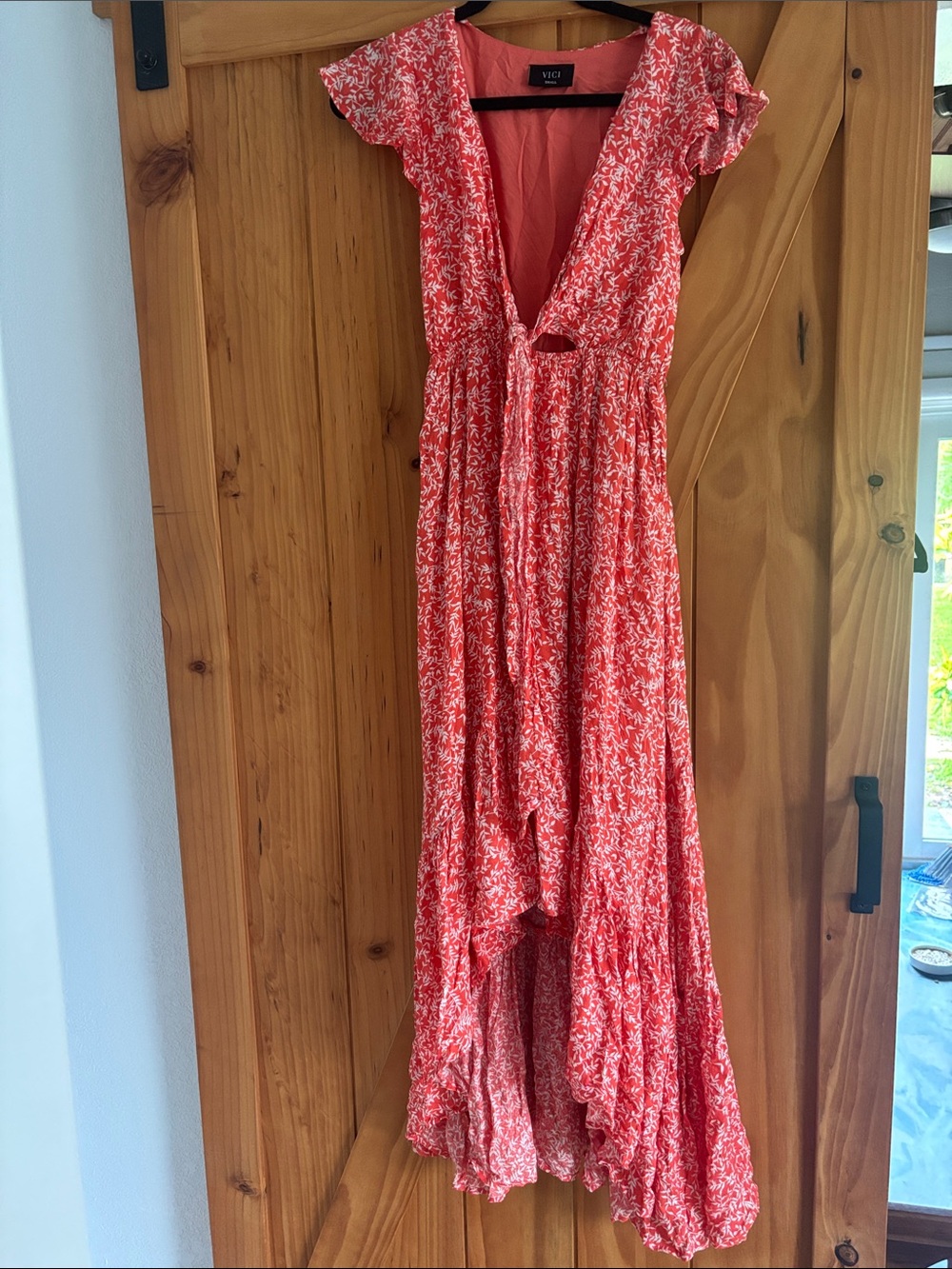 VICI Coral Floral High-Low Maxi Dress with Tie Front